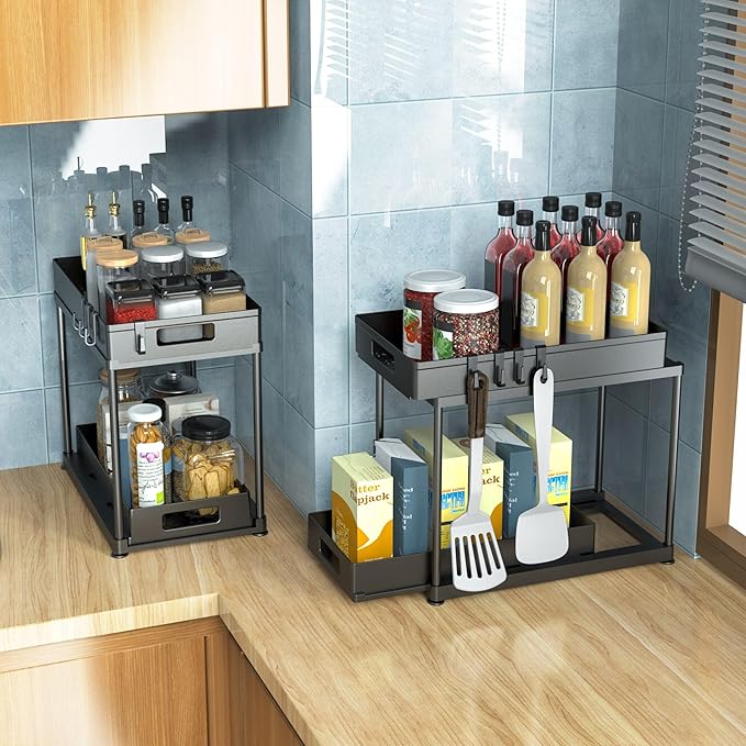 Under Sink Organizers and Storage, 2 Pack Large Capacity Heavy Load Double Pull-out Under Sink Shelves with Sliding Drawer for Kitchen and Bathroom, Black-NeatNest
