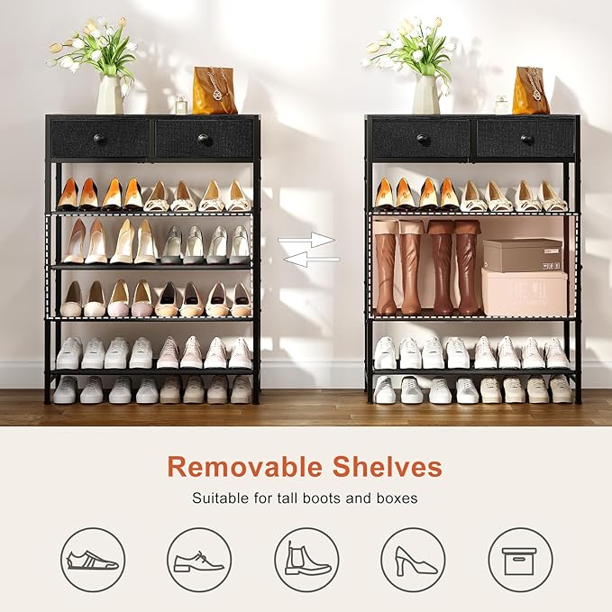 Shoe Rack, 5 Tier Shoe Organizer with 2 Drawers, Metal Shoe Storage for 16-20 Pairs of Shoes with Fabric Shelves and Wooden Top, Narrow Shoe Shelf for Closet Entryway Black-NeatNest