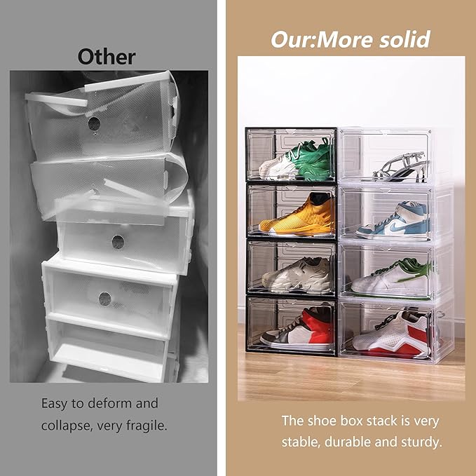Clear Shoe Box Plastic Stackable Upgraded 6 Pack Shoe Storage Box Organizer with Clear Large Magnetic Door for Display Sneakers Easy Assembly, White-NeatNest