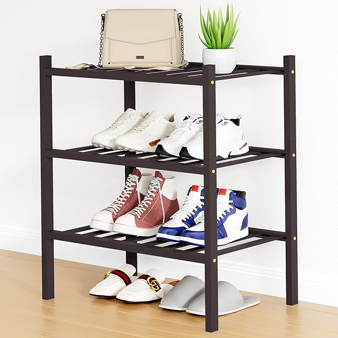 Smiry Shoe Rack, 3 Tier Small Bamboo Shoe Organizer, Stackable Free Standing Wooden Shoe Storage Shelf for Closet, Entryway, Front Door Entrance, Brown-NeatNest
