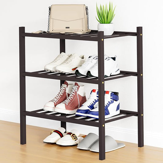 Smiry Shoe Rack, 3 Tier Small Bamboo Shoe Organizer, Stackable Free Standing Wooden Shoe Storage Shelf for Closet, Entryway, Front Door Entrance, Brown-NeatNest
