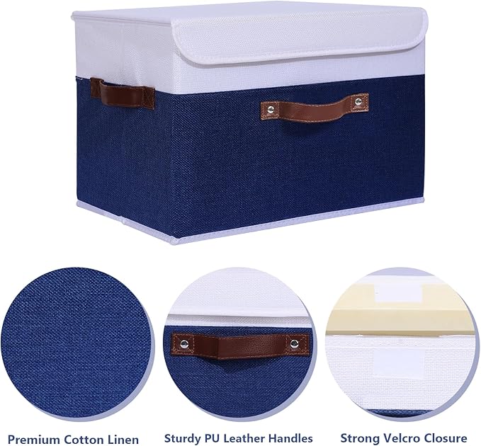 ANMINY 4PCS Storage Boxes with Lid Washable Decorative Storage Bin Basket with PU Leather Handle Foldable Linen Fabric Storage Cube Container for Home Closet Organizer - Deep Blue White, Large Size-NeatNest
