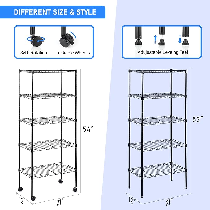 HealSmart Heavy Duty 5-Tier Shelving Unit, 21" W x 12" D x 54" H Wire Metal Stackable Storage, Chrome