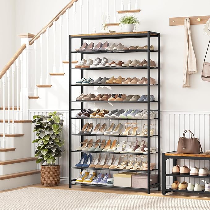 HOMEFORT 10 Tiers Shoe Rack Organizer,39.4" Shoe Storage Shelf for Closet, Shoe Rack for Entryway,Holds 45-50 Pairs of Shoe, Tall Shoe Stand with Metal Shelves and MDF Top Board,Rustic Brown-NeatNest