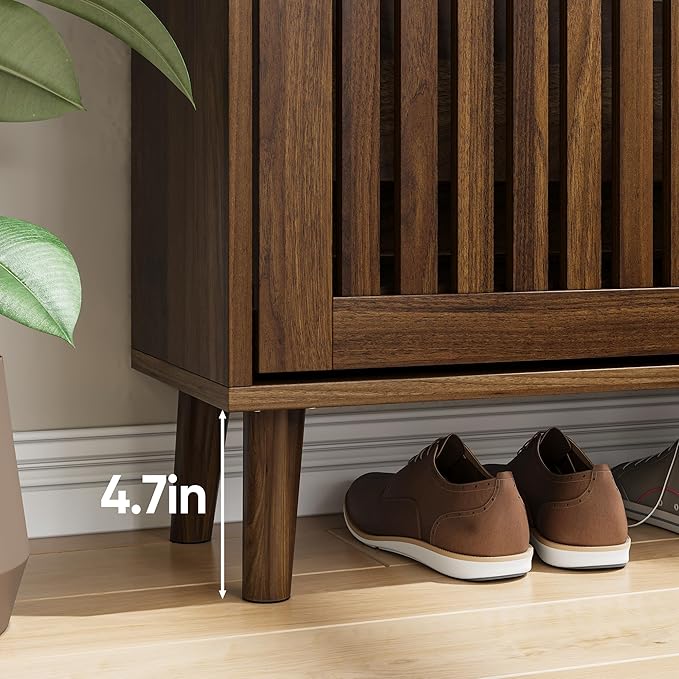 Vibe & Dine 2 Flip Drawer Shoe Cabinet, Narrow Shoe Rack with Gold Handles, Freestanding Shoe Storage Cabinet for Entryway Slim, Wood Shoe Organizer Cabinet for Hallway, Bedroom, Walnut-NeatNest