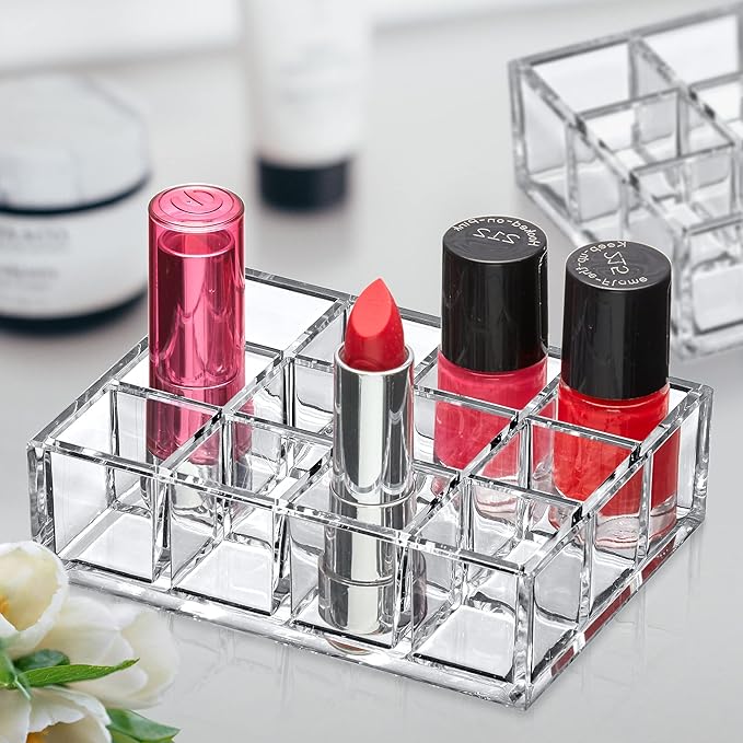 Amazing Abby - Allure - 2-Pack 12-Slot Acrylic Lipstick Organizer, Lipstick Holder, Lip Gloss Holder, Cosmetic Storage Display, Perfect Storage Solution for Drawer and Vanity (Slot Size: 1.0" x 1.0")-NeatNest