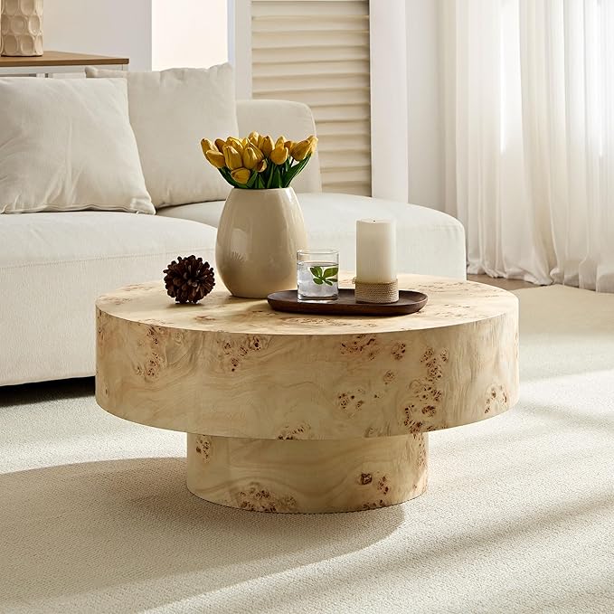 Coffee Table Round Wood 31.49" for Living Room Small Modern Coffee Tables Natural Burl Circle Drum Tea Center Cocktail Fluted Handcraft Home Furniture for Apartment Small Space Easy Assembly-NeatNest