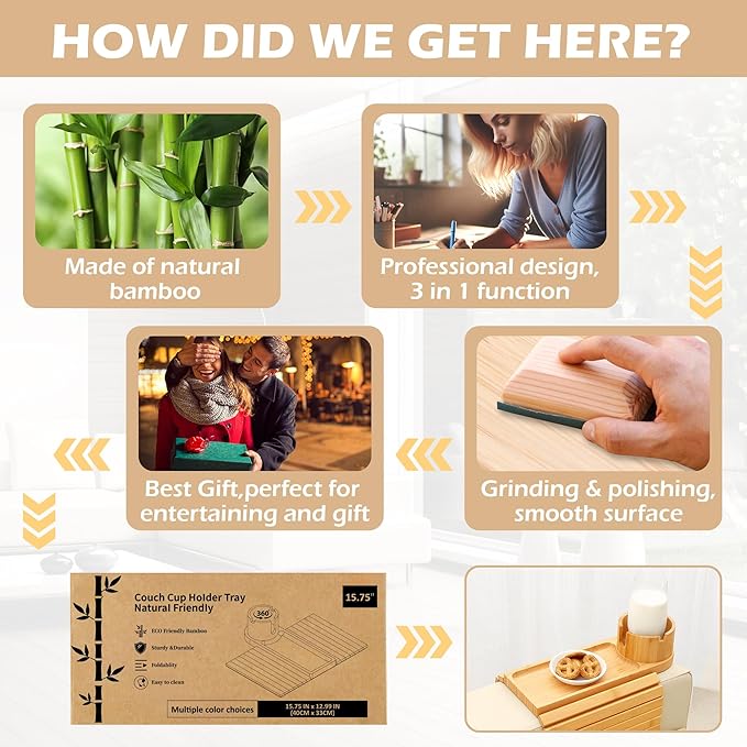 Couch Cup Holder Tray, 15.75" Bamboo Cup Holder for Couch, 3 in 1 Foldable Arm Chair Clip on Side Tray Table for Remote Snack Table on Armrest-NeatNest