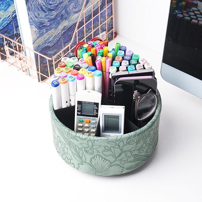 Hennaja Remote Control Holder, 360°Spinning PU Leather Desk TV Remote Caddy,Desk Storage Box Room Accessories for Controller, Media,Mail,Calculator, Mobile Phone,Pencil(1-Carved Green2)-NeatNest