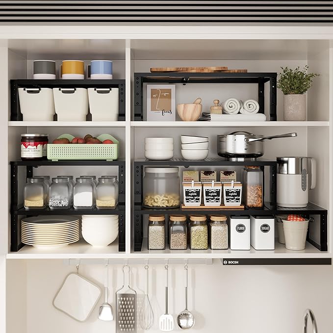 Expandable Spice Rack & Kitchen Cabinet Organizer - Stackable, Adjustable Shelves for Cabinets, Countertops, Cupboards & Pantries(3 Packs/Large/Black)-NeatNest