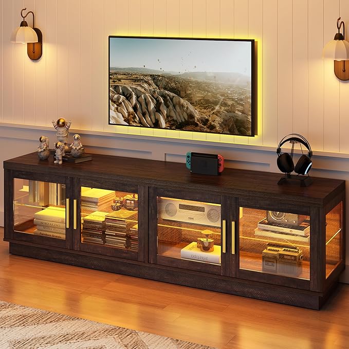 71IN LED TV Stand for 85/80/75inch TV,High Glossy Wooden Farmhouse TV Stands for Living Room,TV Gaming Entertainment Center with Storage Cabinet,RGB LED(Brown)-NeatNest