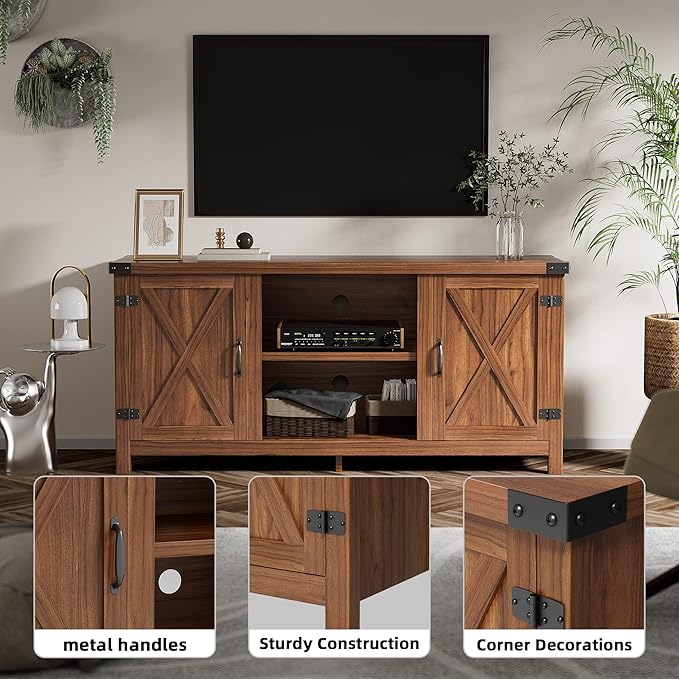 JUMMICO TV Stand, 65 Inch TV Farmhouse Entertainment Center with Double Barn Doors and Storage Cabinets, Console TV Table Media for Living Room, Bedroom (Walnut)-NeatNest