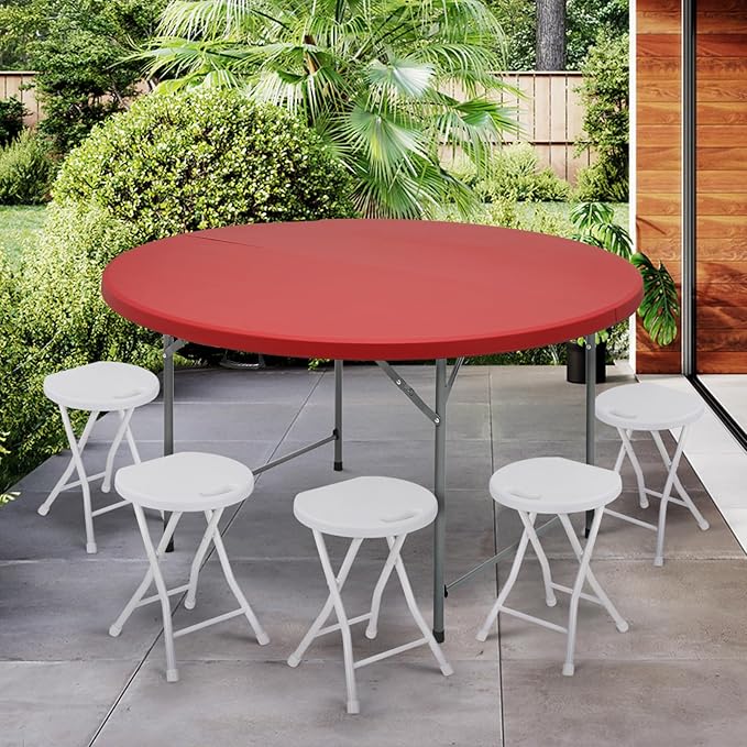 Athena Collection 5 ft Plastic Folding Dining Table, Large Foldable Round Card Table Portable with Carry Handle Heavy Duty Fold-in-Half for Indoor Outdoor Party Camping, Red-NeatNest