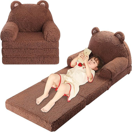 Foldable Kids Sofa, Sherpa Teddy Bear Toddler Couch with Tri Folding Foam Cushions, Comfy Couch for Kids Age 18 Months and Up-NeatNest