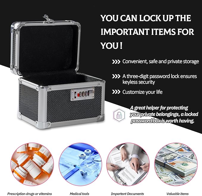 Small Medication Combination Lock Boxes with Code for Personal Items, Medicine Lockbox for Documents - 7.1 x 5.1 x 5.3 Inches Black