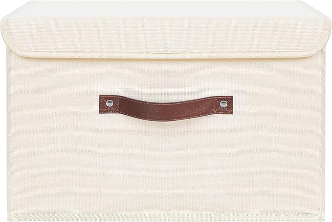 ANMINY 4PCS Storage Bins with Lid PU Leather Handles Storage Boxes PP Plastic Board Decorative Foldable Lidded Cotton Linen Fabric Home Cubes Baskets Closet Organizer Containers - Beige, Large Size-NeatNest