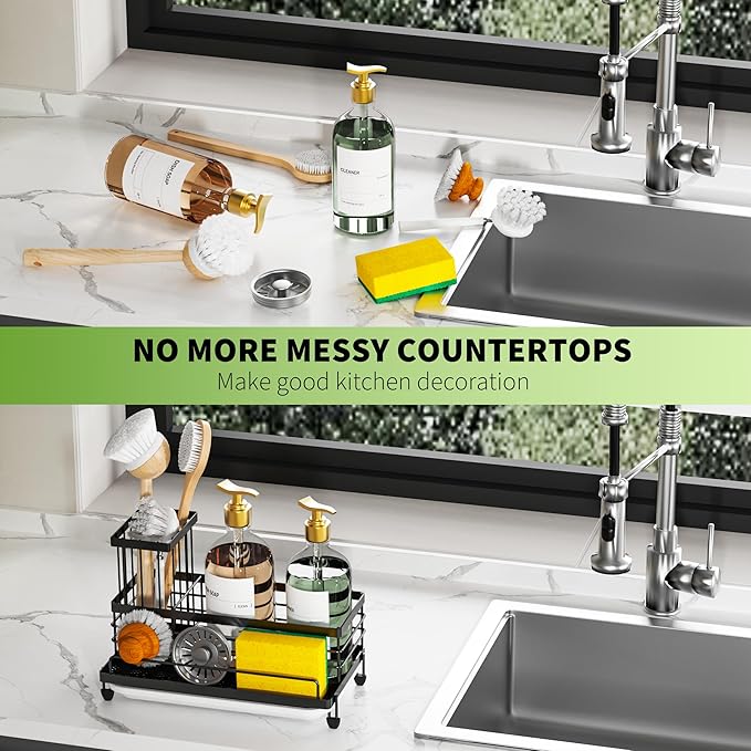 Cisily Large Capacity Kitchen Sink Caddy Organizer, Rustproof Non-Slip Sponge Holder With Dish Brush Holder Organizer, Kitchen Organization and Storage, Essentials Accessories for Countertop-NeatNest