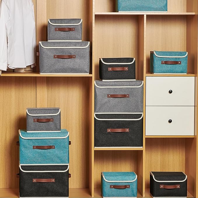 2PCS Storage Bins with Lid Fabric Storage Box Basket PU Leather Handle Textured Woven Cotton Linen Decorative Foldable Washable Shelf Closet Organizer Container (Flip-top Lid, Blue, Small)-NeatNest