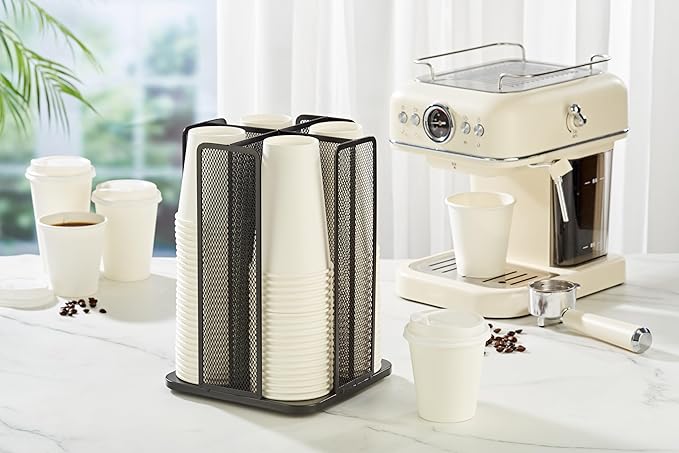 Annova Paper/Plastic Cup and Lid Holder Plastic Storage Organizer, 360°Rotating Coffee Cup Dispenser with 4 Compartments, Multifunctional Storage Rack for Home, Office, Bar, Coffee Shop (Black)-NeatNest