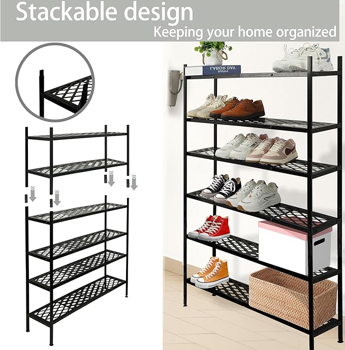 Shoe Rack, 4-Tier Long Shoe Rack, Stackable Shoe Storage Organizer Expandable Shoe Shelf Stand, Holds up to 25-30 Pairs of Shoes for Entryway, Garage, Front Door Entrance, Metal,45.6in Black-NeatNest