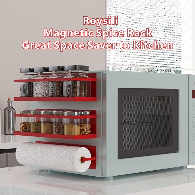 Royali Spice Rack for Refrigerator - Magnetic Fridge Shelf, Kitchen Spice Organizer, Space Saving, Red, 4 Pack With Magnetic Paper Towel Holder