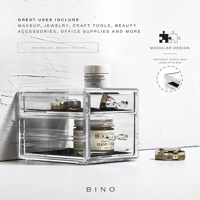 BINO THE MANHATTAN SERIES Acrylic Makeup Drawer Organizer- 2 Drawer Small | Clear Beauty Organizers and Storage| Cosmetic & Makeup Drawer| Home Organization| Jewelry & Vanity Accessories Drawer-NeatNest