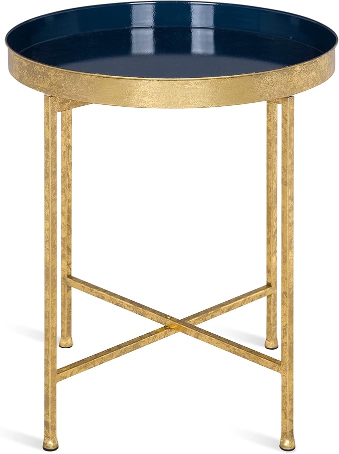 Kate and Laurel Celia Metal Foldable Round Accent Table, 18.25" x 18.25" x 22", Navy Surface and Gold Frame, Modern Minimalist Design and Detachable Magnetic Tabletop