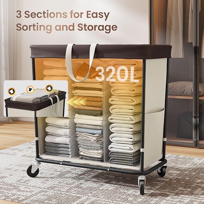 320L Laundry Basket with Wheels, 3-Section Rolling Hamper for Laundry, Extra Large Laundry Hamper with Wheels, Clothes Hamper Rolling Laundry Basket for Home, Bathrooms and Dorm(Beige)