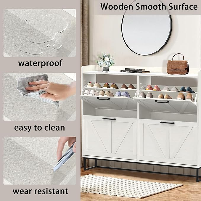 Hidden Shoe Storage Cabinets with 4 Flip Drawers and Metal Legs, Freestanding Narrow Shoe Organizer Rack for Entryway, White-NeatNest