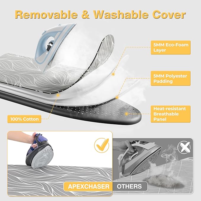 APEXCHASER Full Size Ironing Board with Heat Resistant Cover Foldable Iron Board 7-Lever Height Adjustable Non-Slip Sturdy Metal Legs 14x54, Grey