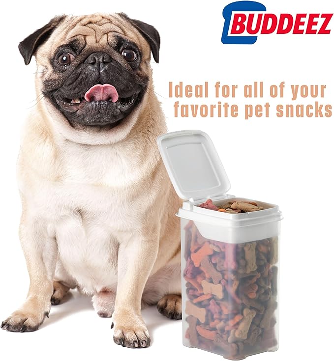 Buddeez Pet Treat Container for Dogs and Cats - 3.5 Quart Flip Top Storage Bin - Bites And Bones Design - Airtight Food Holder-NeatNest