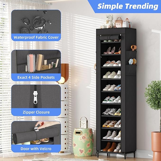 Simple Trending Narrow Shoe Rack with Cover, 10 Tier Shoe Organizer Storage, Tall Free Standing Shoe Cabinet Holds 20 Pairs for Closet, Black-NeatNest