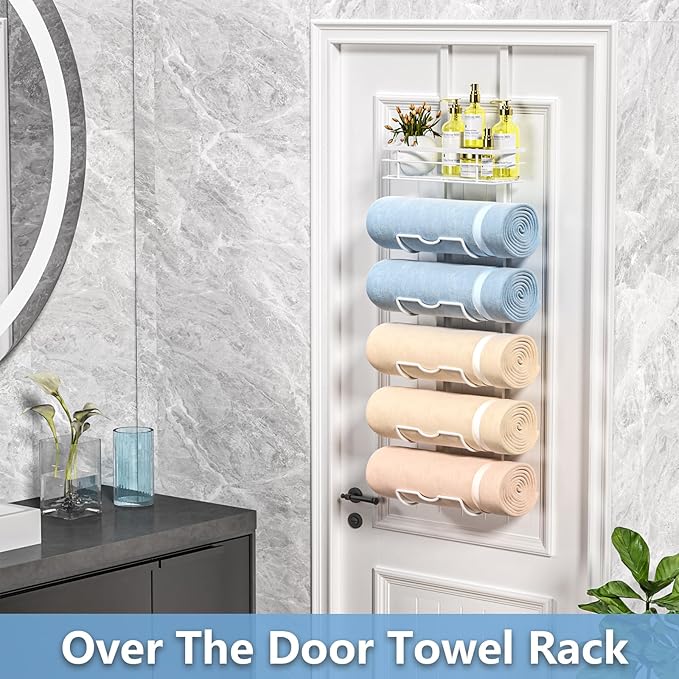 6-Tier Over The Door Towel Rack,Towel Racks for Bathroom, Metal Towel Holder with Storage Basket,Towel Rack for Rolled Towels,Bathroom Shelves,White
