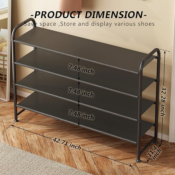 Shoe Rack 4 Tier Long Storage Organizer Wide Metal Shoe Shelf for Closet Entryway Black-NeatNest
