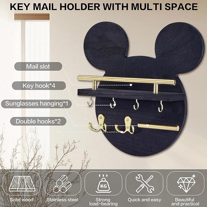 AIRPOP Disn Key Holder for Wall–Mouse Wooden Mail Organizer Wall Mount with Shelf and 6 Hooks, Easy Installation Key Rack Hanger for Entryway Living Room Home Decor (Black)