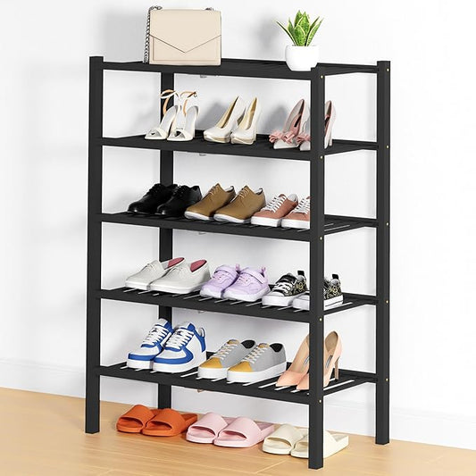 Smiry Shoe Rack, 5 Tier Thick Bamboo Shoe Organizer, Stackable Free Standing Wooden Shoe Storage Shelf for Closet, Entryway, Front Door Entrance, Black-NeatNest