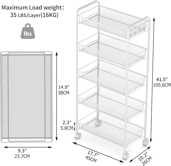 JANE EYRE 5-Tier Rolling Utility Storage Rack Cart on Wheels, Trolley Craft cart, Multi-Purpose Organizer Shelf, White-NeatNest