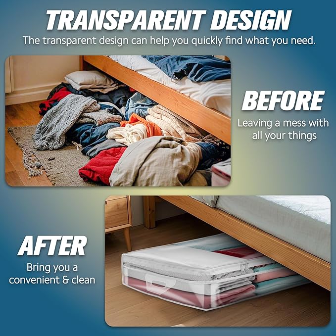 HIBAG 20 Gallon Under Bed Storage Containers, Underbed Clothing Storage Bins, Clear Plastic Organizer with Reinforced Handles, for Clothes Comforters Blankets Towels Pillows Bedding (2 Pack)-NeatNest
