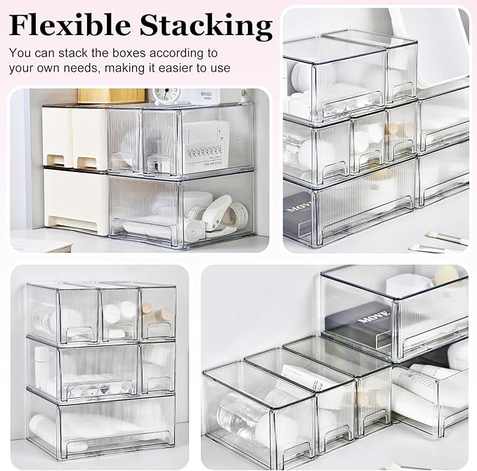 Clear Stackable Makeup Organizer, 3 Pack Plastic Drawer Storage with Handle for Vanity Bathroom Countertop, Transparent-NeatNest