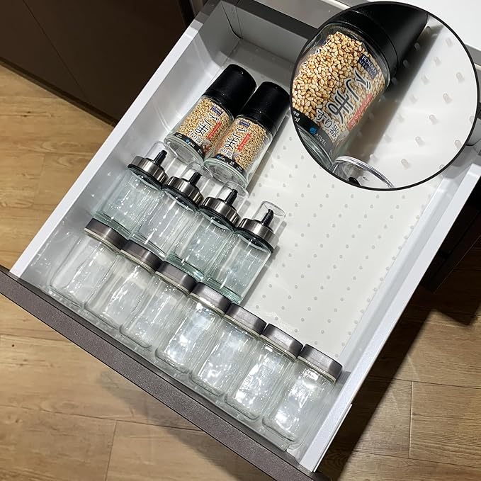 Gosmol Spice Drawer Organizer insert, Adjustable & Non-Slip Silicone Spice Drawer Liner, in Drawer Spice Organizer for Seasoning Jars and Spices Bottles -White-NeatNest