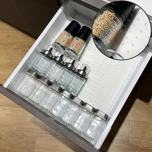 Gosmol Spice Drawer Organizer insert, Adjustable & Non-Slip Silicone Spice Drawer Liner, in Drawer Spice Organizer for Seasoning Jars and Spices Bottles -White-NeatNest