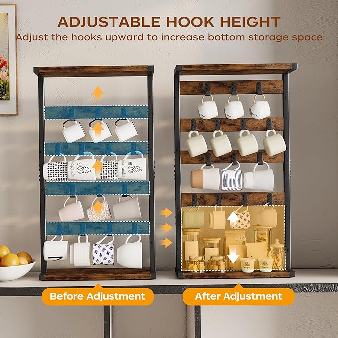 Homeiju 14-Hook Large Coffee Mug Holder for Countertop/Wall Mounted,4 Tier Coffee Cup Holder with Top & Bottom Storage Shelf,Adjustable Hook & Shelves,Mug Tree for Home Bar,Coffee Station-NeatNest
