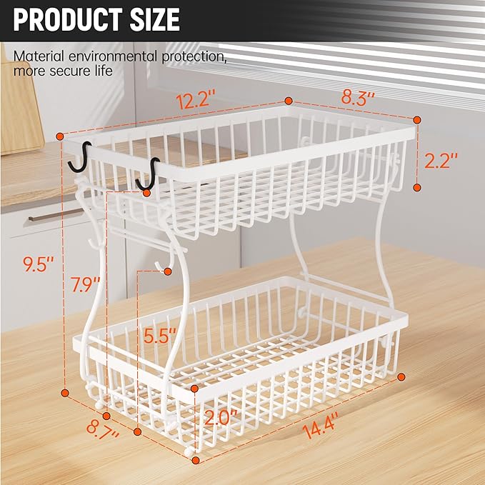 Fruit Basket,2-Tier Fruit Bowl with Banana Hanger,Kitchen Storage Countertop Rack,Fruit Metal Bowls Perfect for Holding Fruit,Vegetables,Snacks(White)