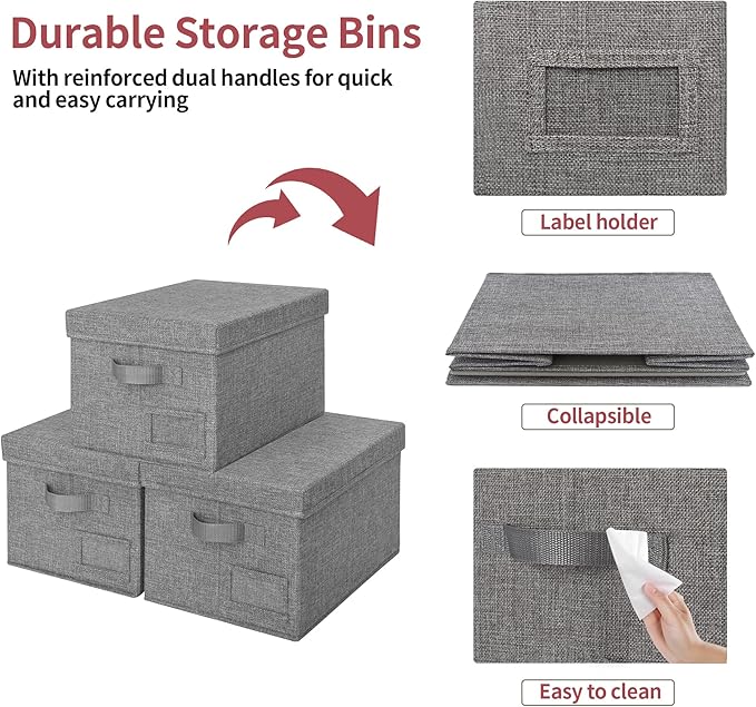 GRANNY SAYS Fabric Bins with Lids, Storage Baskets for Closet Organization, Decorative Storage Containers with Label Holder, Shelf Bins for Organizing Clothes, Dark Gray, 3-Pack-NeatNest