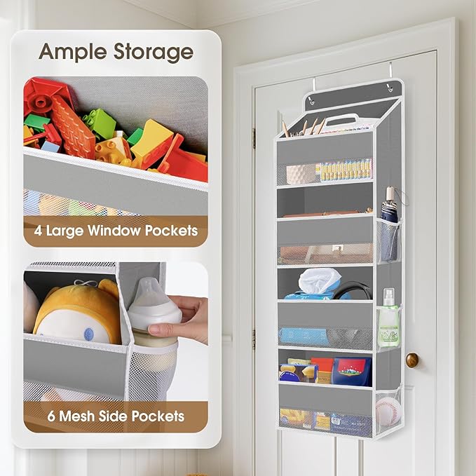 1 Pack Over The Door Organizer, Hanging Storage Organizer with Clear Window, 40lb Ultra Sturdy Large Capacity Room Organizer for Pantry Laundry Bathroom Nursery Closet Baby Essential (Grey)-NeatNest