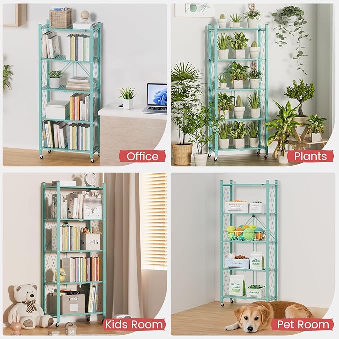 ALANNG 2-Pack Folding Bookshelf on Wheels, Cute Rolling Shelves for Bedroom, Colorful Storage Cart for Kids Rooms, Nursery, No Assembly Metal Book Shelf (5 Tier, Mint Green)