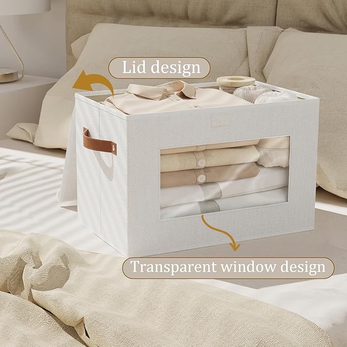 Clothes Boxes, Decorative Linen Closet Organizers Bins, Blanket Baskets for Shelves with Lids, Storage Cubes with Handles, 17.7 x 11.8 x 11.8 inch, White, 1-Pack-NeatNest