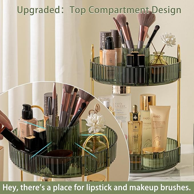 Rotating Makeup Organizer for Vanity, High-Capacity Skincare Clear Make Up Storage Perfume Organizers Cosmetic Dresser Organizer Countertop 360 Spinning (Green, New-2 Tier)-NeatNest
