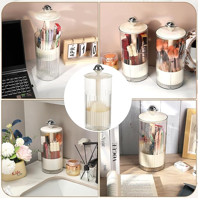 2 Pack Makeup Brush Holder with Lid Automatic Lifting Makeup Brush Organizer with Lid Dustproof & Waterproof 4-Compartment Clear Makeup Organizer for Vanity,Office,School,Dorm Room,Silver+Silver-NeatNest