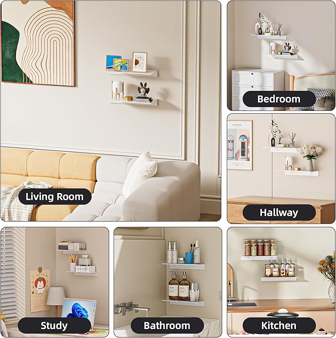 Metal Floating Shelf 2-Piece Set - Rust-Resistant Aluminum Wall Shelves - No Drill Wall Mounted Shower Caddy, Ideal for Display & Storage in Any Room (11.8", White)-NeatNest